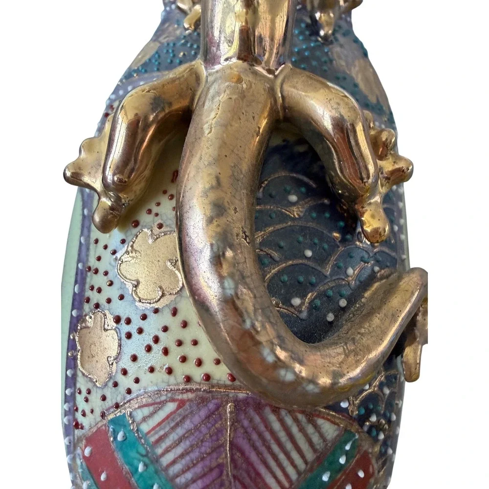 Royal Satsuma Hand Painted Moon Flask Vase‎ Gold Lizard Handles Geisha 10 inch